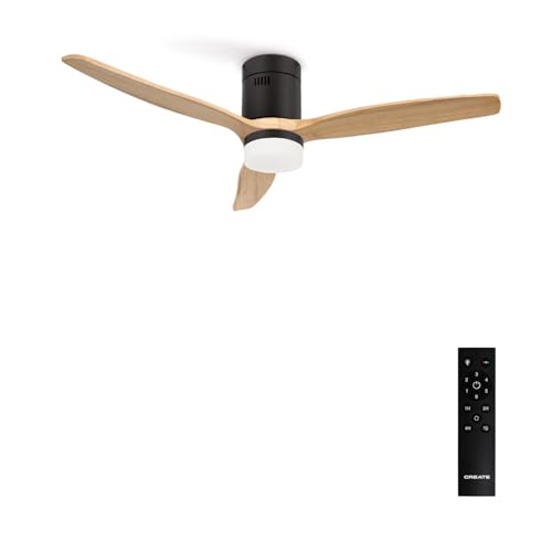 CREATE / WINDCALM DC/Ventilateur de plafond avec lumière, moteur DC noir, pales en bois clair / 40W, Silencieux, Ø132 cm, 6 vitesses, minuterie, fonction été hiver