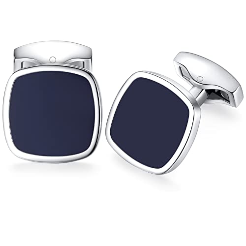 HONEY BEAR Boutons de Manchette pour Hommes Carré Acier Inoxydable brossé, pour Mariage Affaires (Bleu Marine)