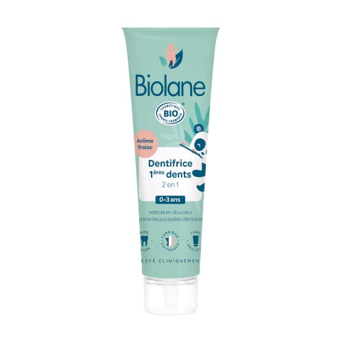 Biolane - Dentifrice Bebe 2en1 Bio - Nettoie les 1eres dents - Apaise les poussées dentaires - Sans Fluor - Arôme fraise - Fabriqué en France - 50 ml