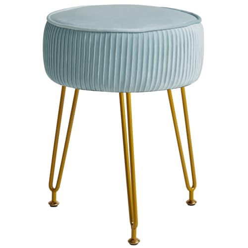 IBUYKE Velvet Round Foot Tabouret Ottoman, Maquillage Tabouret Table d'appoint, Siège de vanité en Velours, Tabouret de canapé, Pieds en Acier doré, Bleu RD-30H