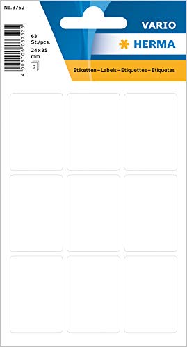 HERMA 3752 Lot de 63 étiquettes polyvalentes 24 x 35 mm, 9 par feuille, autocollantes, étiquettes ménagères pour étiquetage de calendrier, planificateur, bricolage, mates, vierges en papier blanc