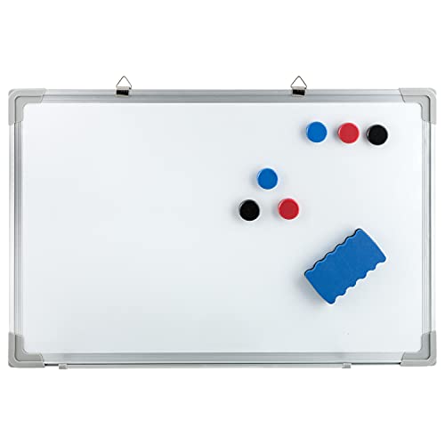 Idena 10414 - Tableau blanc avec cadre alu, dimensions env. 40 x 60 cm, 6 aimants et éponge inclus, adapté au montage mural, idéal pour le bureau et la maison, sans Maker