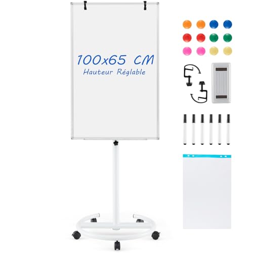 GOPLUS Tableau Blanc Effaçable 65x100CM Mobile, Tableau Blanc Magnétique Roulant avec Support Hauteur Réglable, 1 Effaceur 2 Crochets,6 Marqueurs, 12 Aimants, 25 Feuilles de Papier