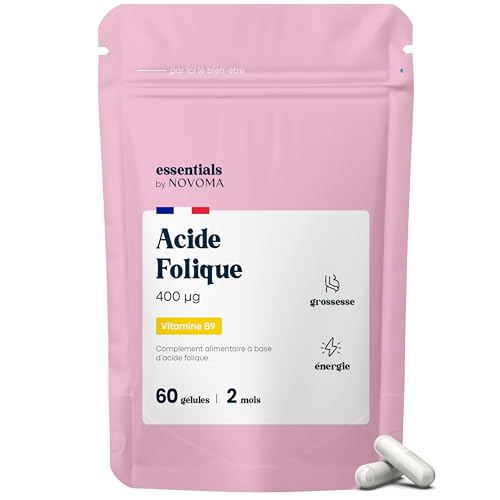 Acide Folique 400 µg, Vitamine B9, Conception et Grossesse, Soutient la Femme Enceinte, 60 gélules Végétales, Cure de 2 mois, Fabriqué en France, Essentials by Novoma