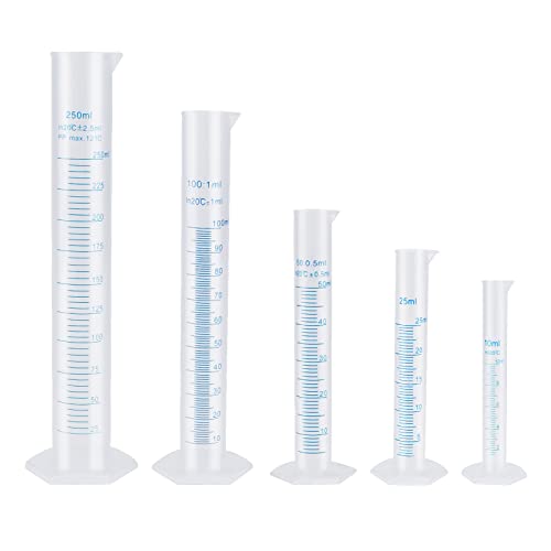 5 béchers cylindriques gradués en plastique pour mesurer les sciences, les tubes à essai de laboratoire avec lignes de graduation, les outils de mesure du liquide 10 ml, 25 ml, 50 ml, 100 ml, 250 ml