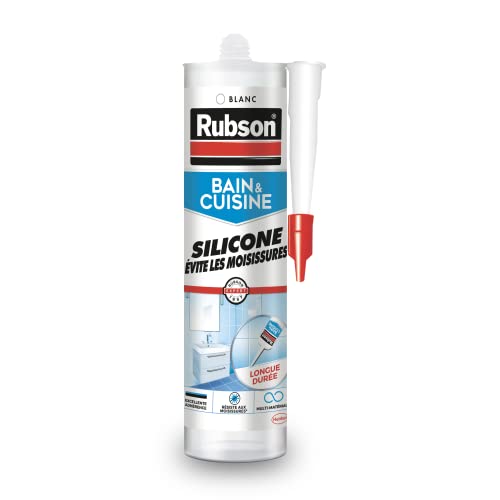 Rubson, Mastic Bain & Cuisine Silicone Évite Les Moisissures Blanc (cartouche de 280 ml) – Mastic sanitaire à base de silicone – Mastic étanche renforcé en antifongique