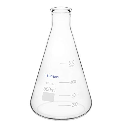 Labasics Erlenmeyer Bouteille en Verre Borosilicate, Erlenmeyer Flask Ballon de Chimie à Bouche Étroit et Bord Résistant - 500ml