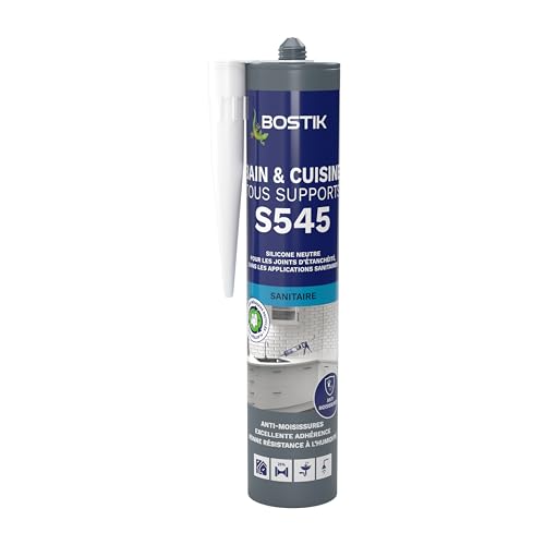 Bostik S545 – Mastic Silicone Bain et Cuisine – Jointe Tous Matériaux – Traité Anti-Moisissures – Conservation Longue Durée – Couleur : Blanc – Cartouche 300 ml