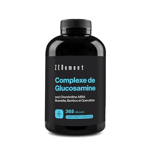 Glucosamine avec Chondroïtine, MSM, Boswellia, Bambou et Quercétine | 365 Gélules | Contre Douleurs Articulaires | Non-GMO, GMP, Sans Additifs, Sans Gluten | Zenement