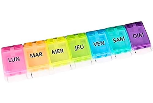 Pilulier Semainier FRANCAIS 7 jours | Pilules, Medicament Pour chaque jour de semaine | Rangement Grande capacité | Ouverture facile | Ideal Voyage | Couleur Arc-en-ciel | Accessoire médicaux Sans BPA