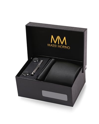 Cravate Homme Noir et mouchoirs de poche, boutons de manchette et Pinces à cravates | Coffret cadeau | Accessoires de Fete de Mariage
