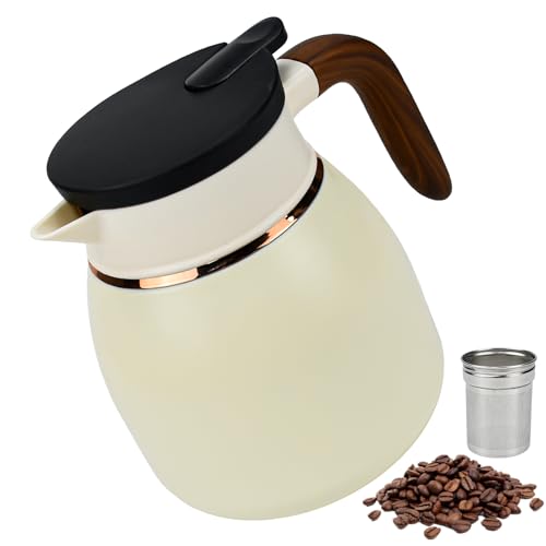 KNGNGK 1l Carafe à Café Isotherme en Acier Inoxydable, Carafe à Café Thermique à Double Paroi, Carafe Cafetière Isotherme, Pichet Isotherme Café, Pichet Isotherme Inox pour Café, Thé et Eau (Blanc)