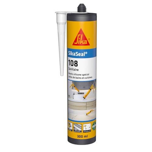 SIKA - Mastic Cuisine & Salle de Bain Anti-Moisissures - SikaSeal 108 Sanitaire Blanc - Joints silicone sanitaire longue durabilité sur multi-supports -Idéal pour travaux de plomberie - 300ml