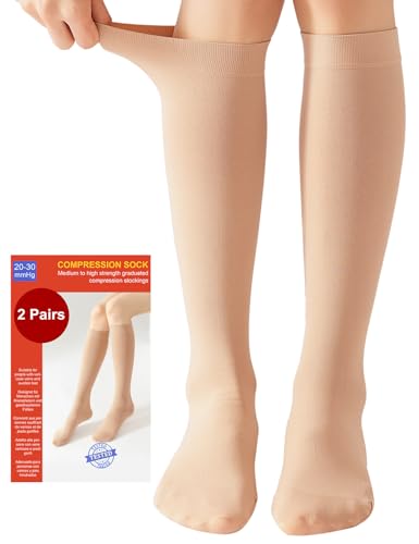 2 Paires Medicale Bas de Contention Femme et Homme 20-30mmhg Classe 2, Soutien Graduel Chaussettes de Contention pour Les Varices, l'œdème, Vol de Voyage (2x Beige, XXL)