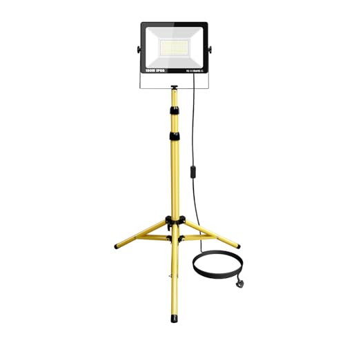 PICAA 100W Projecteur de Chantier LED avec Trépied Pied, 6000K Blanc Phare de Travail Led Pour Travaux d'atelier, Garage, Terrasse, Jardin, Etanche IP66 Exterieur Interieur