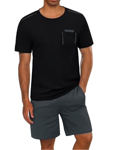 Uniexcosm Pyjama Homme Col Rond avec Poches Poitrine Coton Court Ensembles De Pyjama Homme Manches Courtes Noir L