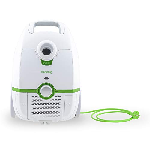 H.Koenig Aspirateur avec sac traineau blanc 3L AXO700, classe énergétique AAA, filtre HEPA H12, Silencieux, Puissant, Efficace, Compact, brosse poussière et suceur plat inclus, tapis et sols durs