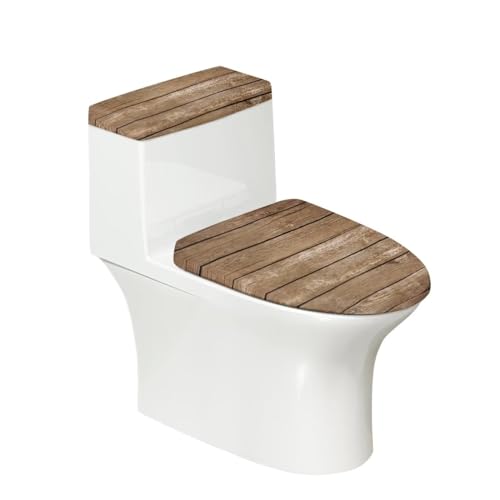 NETILGEN Lot de 2 housses de couvercle de réservoir de toilette et d'abattant de WC avec fond élastique - Ajustement universel - Décoration de salle de bain - Planche en bois marron