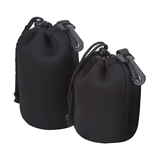 Helweet Sac d'objectif Pochette, Housse Objectif, Pochette pour Objectif de Caméra, avec Cordon de Serrage Réglable et Clip Pivotant, Poche Lentille Epais pour Protéger l'Objectif, Noir, Taille M, L