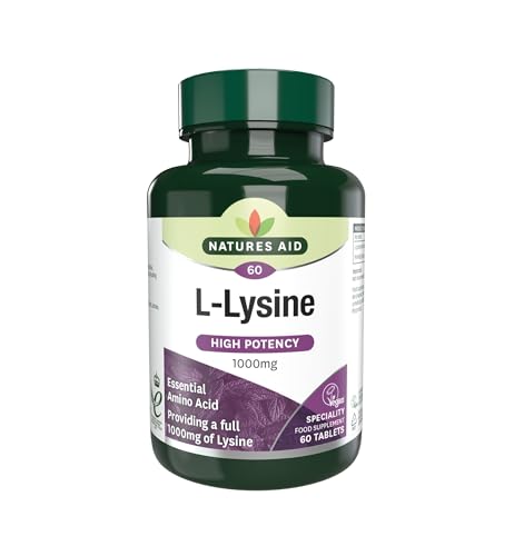 Natures Aid L-Lysine 1000 mg de, acide aminé essentiel à haute efficacité, convient aux végétaliens, 60 comprimés