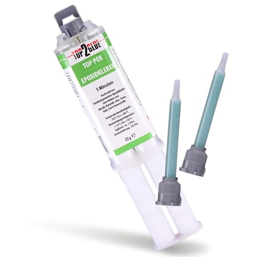 Top2Glue Colle 2K | Résine époxy | 5 min Résine | Véritable colle époxy | Colle 2 composants | Plastique Métal Verre Pierre Bois | Colle Express | Seringue de 25 g 1:1 + 2 pointes