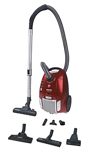 Hoover TE70_TE75 Aspirateur traineau avec sac Telios Plus ultra silencieux AAAA Spécial animaux et parquet, 450 W, Rouge Métallique