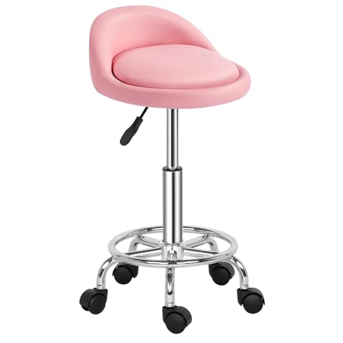 TactFire Tabouret de Bureau,Tabouret Rond avec Dossier,Tabouret à roulettes Rotation à 360°Hauteur Réglable 49-64 cm,Tabouret Coiffeuse,pour Salon de Massage, Bureau,Clinique Rose