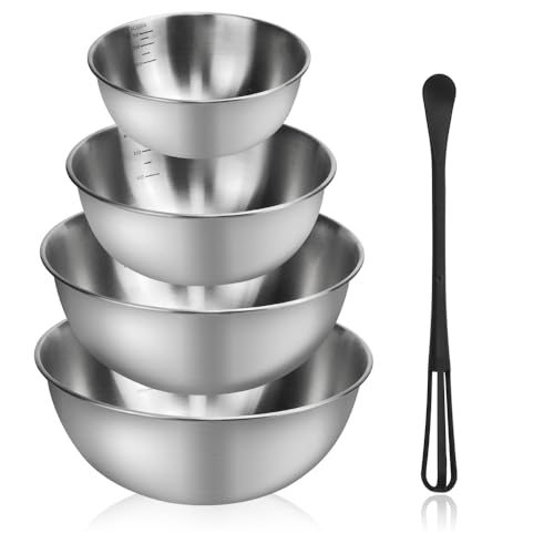 ADERTOS 4PCS Bols Mélangeurs en Acier Inoxydable Bol à Mixer en Inox Cul de Poule Inox Saladier Inox Antidérapant Bowl de Mélange Saladier en Métal avec Bâtonnet à Remuer pour Cuisson et Pâtisserie