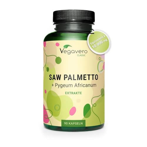 Saw Palmetto 10000 mg | Avec Pygeum Africanum | Extraits Fortement Dosé | 45% Acides Gras & 10% Stérols | Prostate & Confort Urinaire Homme | VEGAN & Sans Additifs | 90 Gélules | Vegavero®