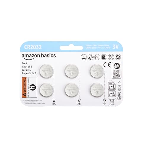 Amazon Basics Lot de 6 piles bouton CR2032 au lithium, 3 V, puissance longue durée, sans mercure