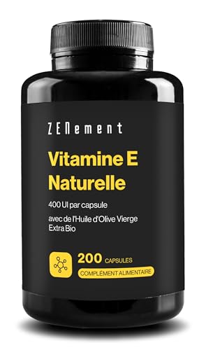 Vitamine E Naturelle 400 UI (D-Alpha-Tocophérol), 200 Capsules (plus de 6 mois de traitement), Avec de l'Huile d'Olive Vierge Extra Biologique | Antioxydant Puissant et Anti-âge | Zenement