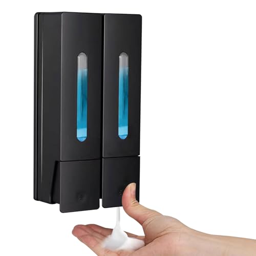 Lot de 2 distributeurs de savon muraux de 414 ml chacun, installation sans perçage, design anti-fuite, pompe améliorée avec bouton antidérapant, matériau ABS durable pour gel douche, shampooing,