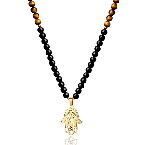 COAI Collier Mala 108 Perles Obsidienne Noire Œil de Tigre Pendentif Main de Fatma Ajustable Unisexe