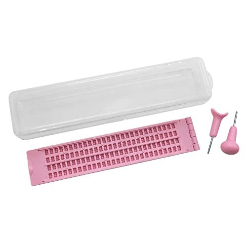 Ardoise d'écriture braille - 4 lignes 28 cellules avec 2 poinçon, boîte en plastique - couleur rose | Comprend les stylos à forme ronde et en selle