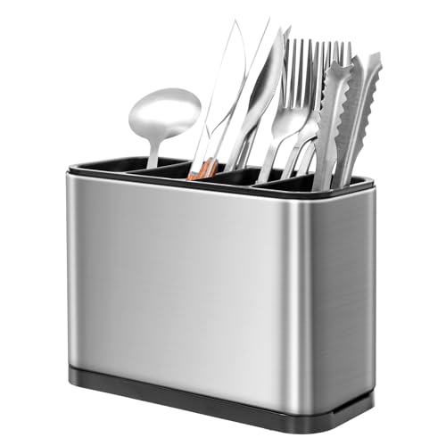 Zaxiva Range Couverts 4 Compartiments Rangement Cuisine, Porte Ustensiles Organiseurs, Range-couverts Anti-dérapant en acier inoxydable avec Égouttoir amovible, pour Cuillère, Fourchette, couteaux