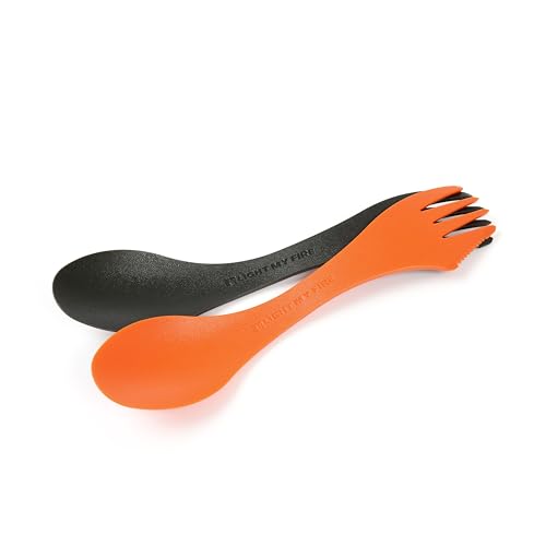 Light My Fire Spork Original - Fourchette Cuillère de Camping - Couvert de Camping 3-en-1 - Couteau et Fourchette-Cuillère réutilisables - Couvert Multi Fonction sans BPA - Lot de 2, Orange/Black
