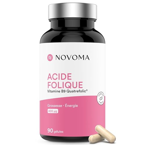 NOVOMA Acide Folique 400 µg, Vitamine B9 Quatrefolic®, Conception & Début de Grossesse, Complément Alimentaire Femme Enceinte, Cure de 3 mois, 90 Gélules, Fabriqué en France