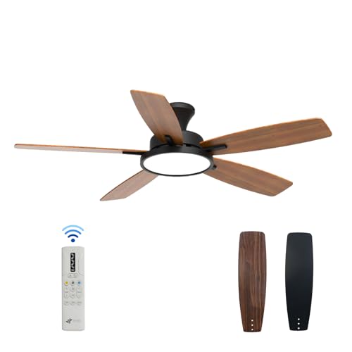JR BRO Ventilateur de plafond 132 cm avec lumière LED, moteur DC silencieux, 6 vitesses, trois options de couleur et lumière réglable, finition noire, télécommande pour chambre à coucher, salon