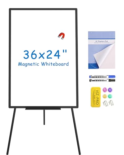VIZ-PRO Tableau Blanc Magnétique sur Pied 90x60 cm Noir, Hauteur Réglable, Portable Léger, Effaçable à Sec, pour Bureau, École, Maison