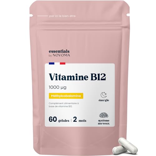 Vitamine B12 1000 µg Vegan, Cure de 2 mois, Réduit la Fatigue & Soutient le Système Nerveux, 60 Gélules Végétales, 100% Méthylcobalamine Pure et Biodisponible, Essentials by Novoma