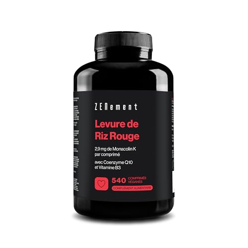 Levure de Riz Rouge, 2,9 mg de Monacolin K par comprimé, 540 Comprimés | avec Coenzyme Q10 et Vitamine B3 | Végan, Sans gluten, Sans citrinine | Zenement