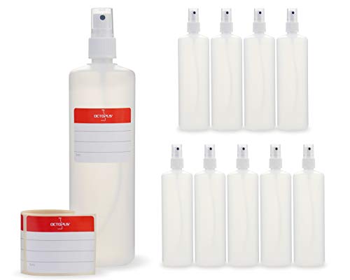 10x 250 ml Octopus vaporisateurs avec pompe, flacons en plastique avec pompe spray, flacons faits de plastique en PEHD avec pulvérisateur, y compris étiquettes