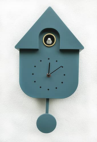 SPRING LIFE – Horloge murale à coucou style chalet, design moderne avec son de chants d'oiseaux, 29.5x21.5x8.5cm, Bleu