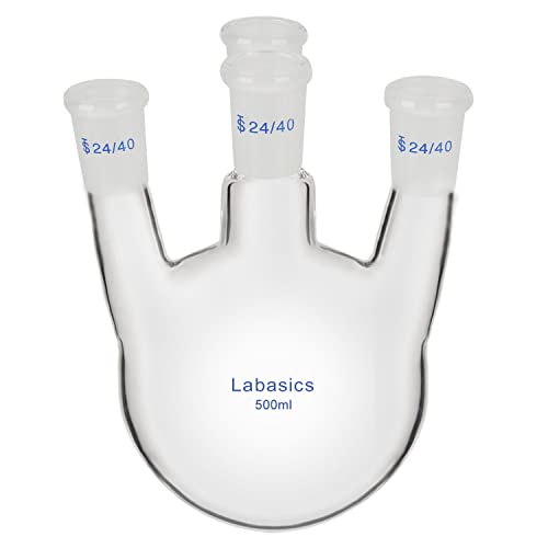 Labasics Ballon à fond Rond RBF avec 4 Cols Droits, Paroi Epaisse 4 Cols Ballon de Laboratoire Verre Borosilicaté Ballon D'Ebullition à Fond Rond avec Joint Extérieur Conique Standard 24/40, 500 ml