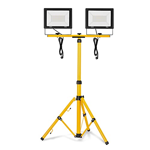 Froadp 2x100W Spot de Construction LED avec Trépied, Projecteur LED Boîtier en Aluminium avec 3m Câble et EU-Prise, Lampe de Travail LED Portable étanche IP66 pour Camping Garage Atelier(Blanc Froid)