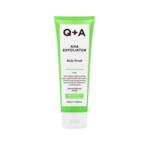 Q+A Gommage Exfoliant aux AHA, Ce mélange d’acide lactique et d’acide glycolique, associé à des exfoliants physiques, contribue à améliorer la texture de la peau, 250ml