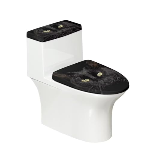 chaqlin Lot de 2 housses extensibles pour abattant de WC et couvercle de réservoir de toilettes avec motif animal chat noir - Housses anti-poussière lavables et bouchon de réservoir