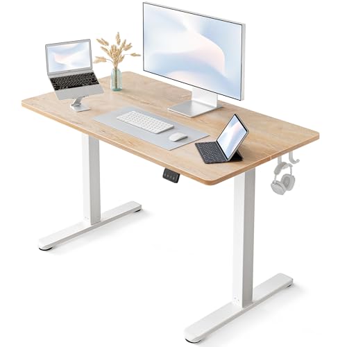 FEZIBO Bureau Assis Debout Électrique, 100 × 60 cmBureau Table Debout Réglable en Hauteur Acier T Pieds avec Système Anti-Collision, Panneau Contrôle à Fonctions Mémoires, Planche Chêne Blanc