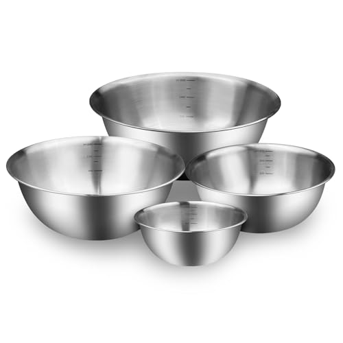 Dunkwckore Lot de 4 Bols à Mélanger, Saladier Cul de Poule Inox, 4 Saladiers Tailles Différentes 0.85L, 1.2L, 1.8L, 2.5L, Empilables et Lave-Vaisselle, Idéal pour la Cuisine, Pâtisserie et Stockage