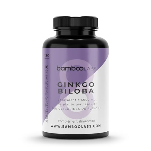 Bamboo Labs - Ginkgo Biloba 6000 mg, 100% Naturel avec 24% de Flavonoïdes et 6% de Terpènes, 180 gélules, Puissant Aantioxydant qui Stimule la Mémoire, la Concentration et la Circulation Sanguine